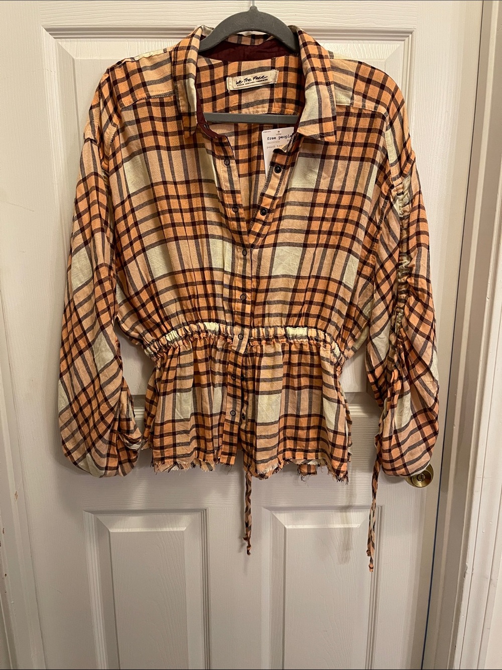 Free People Orange and Cream Plaid Cinch-Waist Button-Down Shirt